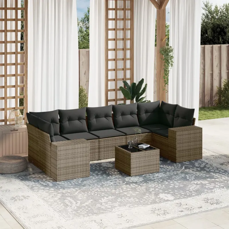 Set canapele de gradina cu perne, 8 piese, gri, poliratan