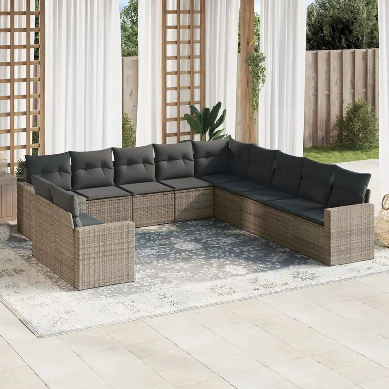 Set canapele de gradina cu perne, 11 piese, gri, poliratan