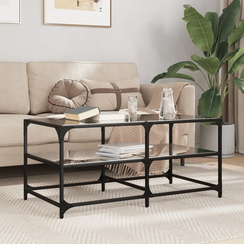 masuta de cafea cu blat din sticla neagra 98,5x50x45 cm otel