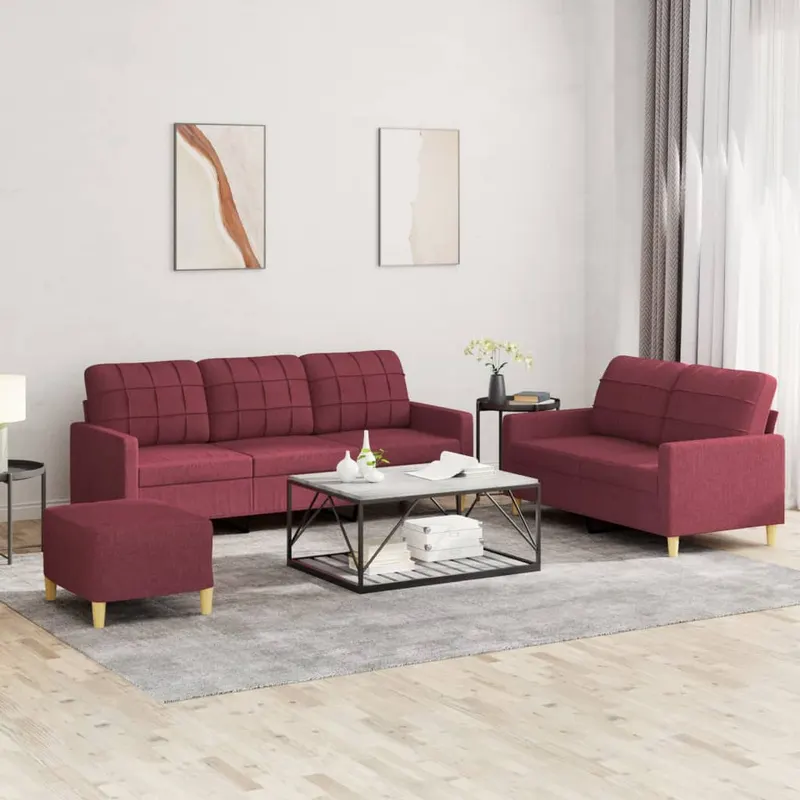 set canapea cu perne, 3 piese, rosu vin, material textil