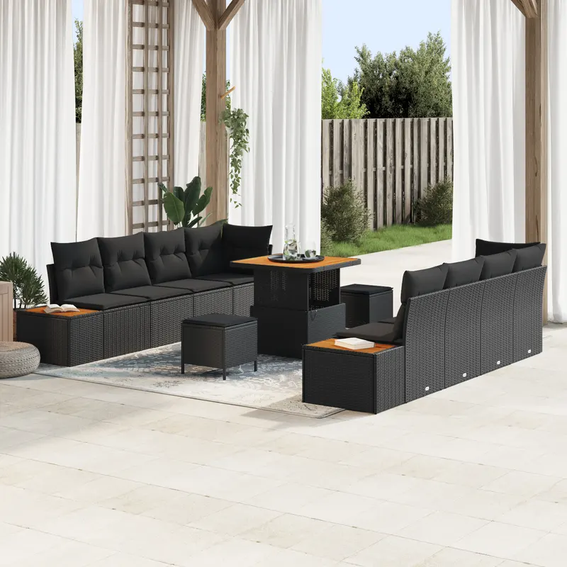 Set de canapea de gradina cu perne, negru, ratan poli, acacia, set de dining de gradina cu perne, negru, ratan poli, acacia
