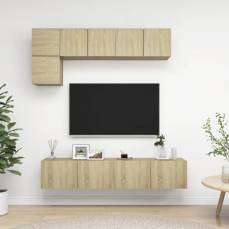 set de dulapuri tv, 5 piese, stejar sonoma, lemn prelucrat