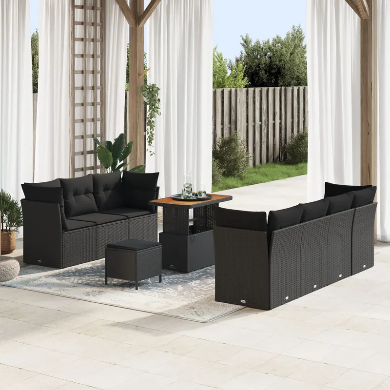 Set de canapea de gradina 10 piese cu perne negru poliratan acacia, set de dining de gradina 3 piese cu perne negru poliratan acacia