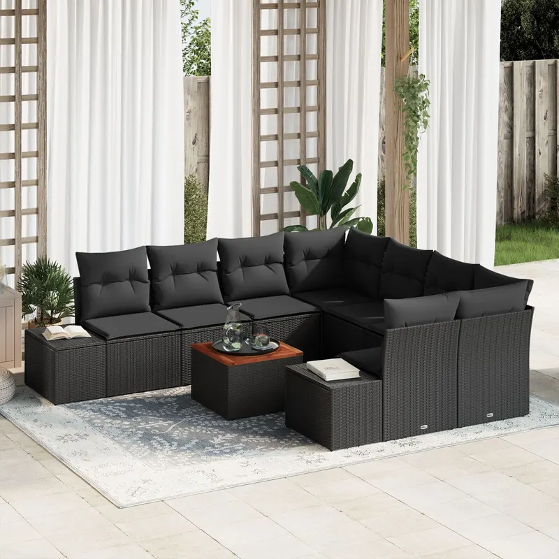 set de canapea de gradina 9 piese cu perne poliratan negru acacia