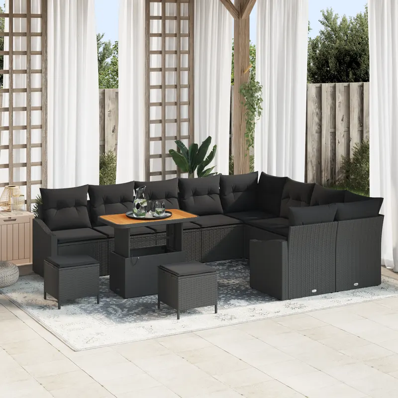 Set de canapea pentru gradina cu 12 piese si perne negru ratan polimeric acacia, set de dining pentru gradina cu 3 piese si perne negru ratan polimeric acacia, canapea de gradina cu 2 locuri cu perne negru ratan polimeric