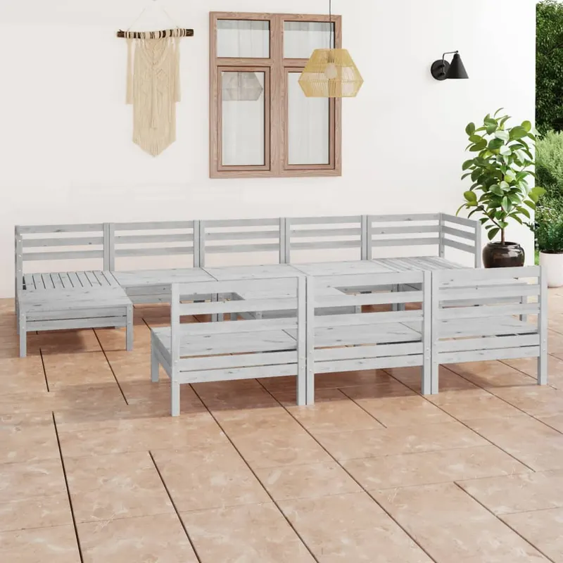 set mobilier de gradina, 11 piese, alb, lemn masiv de pin