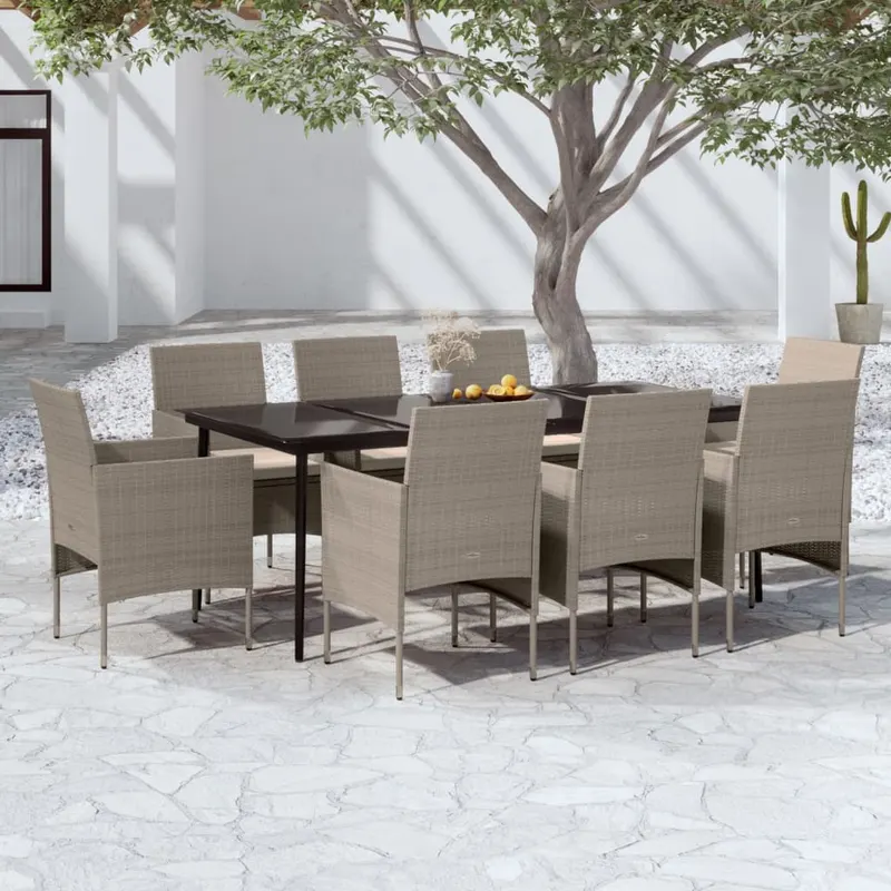 set mobilier de gradina, cu perne, 9 piese, bej si negru