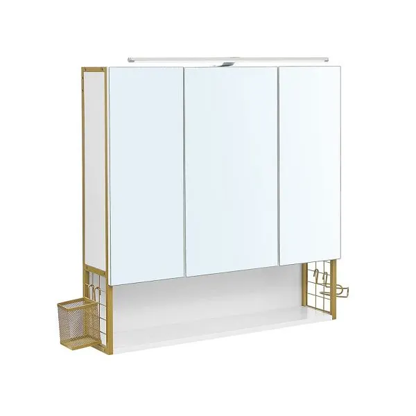 Dulap de baie de perete, 3 usi cu oglinda, compartiment deschis, 15x70x70 cm, alb auriu