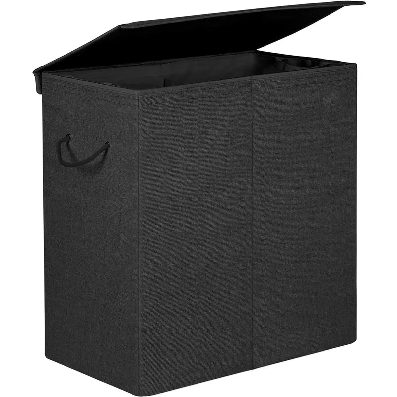 Cos rufe textil pliabil 2 compartimente saci detasabili 142l, 60x36x66 cm, organizare, negru
