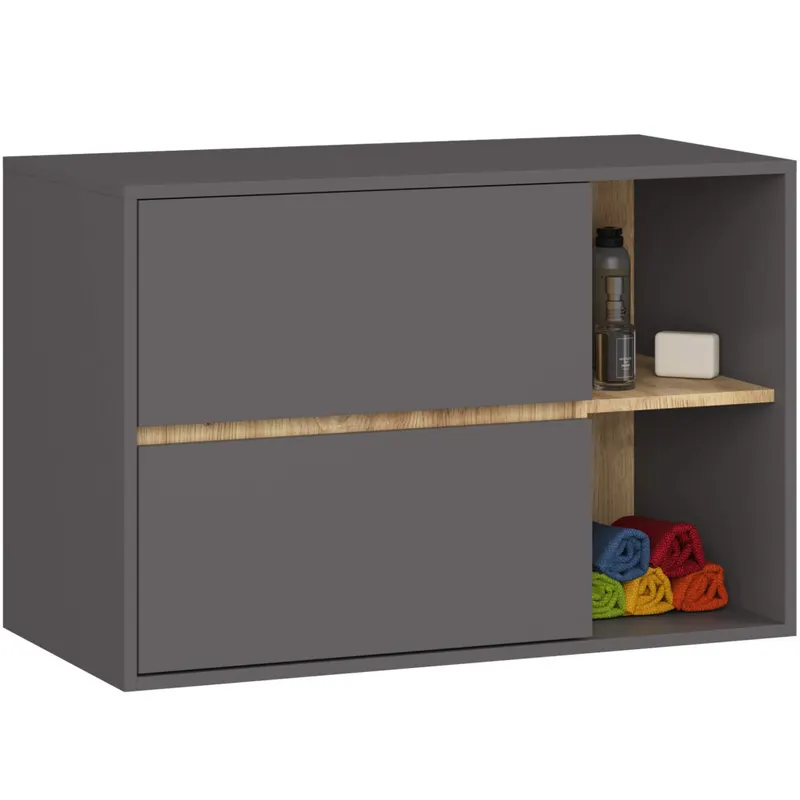 Etajera de baie suspendata, cu 2 sertare, PAL 16 mm, 90x46x60 cm, gri si stejar artisan