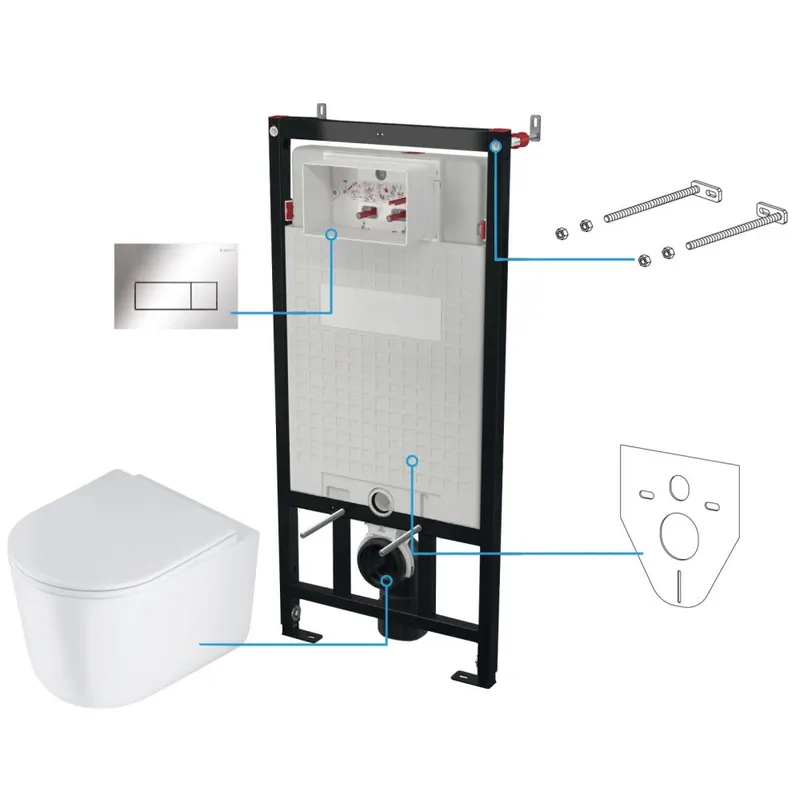 Set vas wc rimless cu capac soft close, rezervor incastrat, clapeta de actionare crom si izolare fonica Deante Jasmin