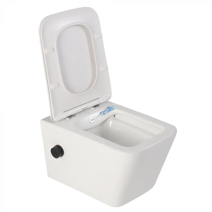 Vas wc suspendat cu functie bideu, dreptunghiular, apa calda rece, rimless, baterie negru mat Safari