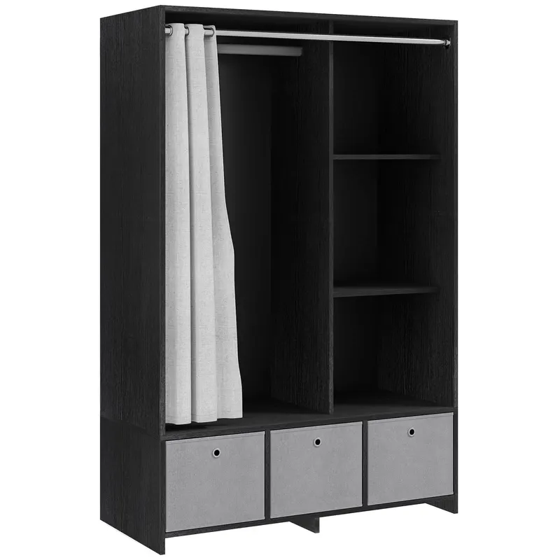 HOMCOM Dulap penderie dulap de depozitare cu tringle cortină 3 nișe și 3 sertare din material textil detașabile 105 x 48 x 160 cm