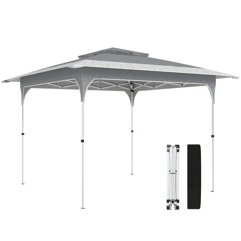 Outsunny Pavilion Pliabil 3.5x3.5 m Pop Up, Montare Ușoară cu Buton Central, Pavilion de Grădină Reglabil pe Înălțime cu Acoperiș Dublu, Geantă de Transport, UV50+, pentru Exterior, Gri Închis