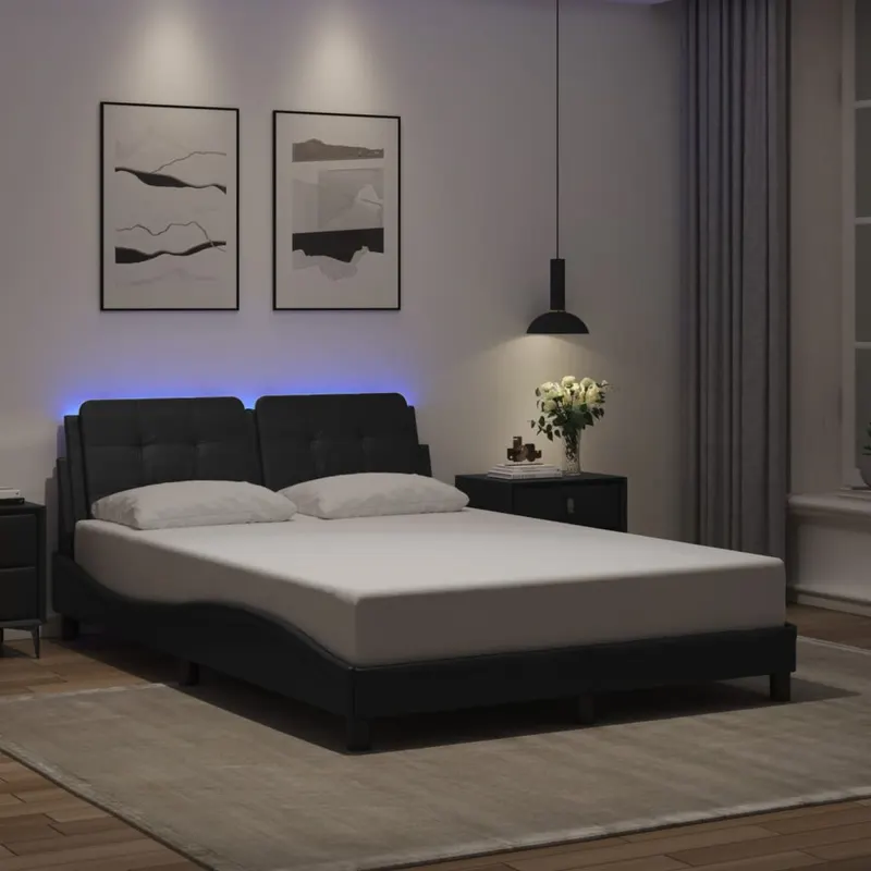 cadru de pat cu lumini led, negru, 140x190 cm, piele ecologica