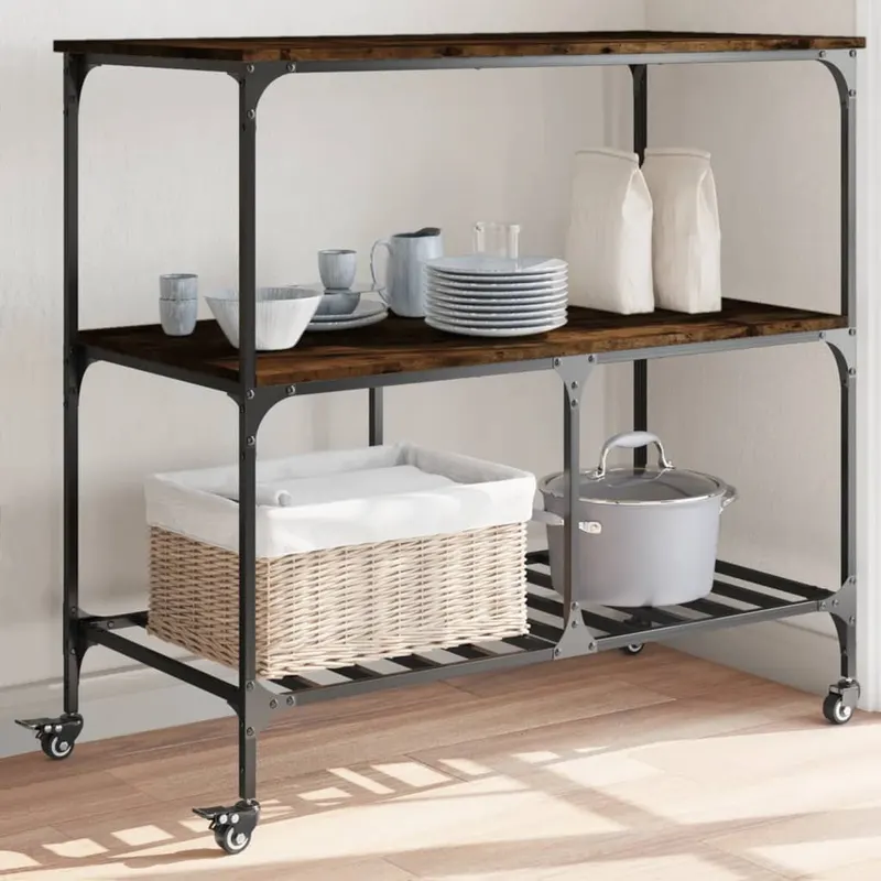carucior de bucatarie stejar fumuriu 100x50x95cm lemn prelucrat
