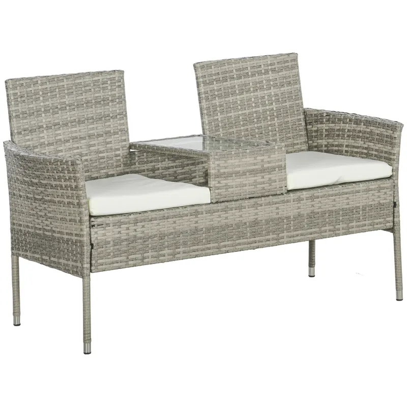 Outsunny Bancă de grădină din rășină împletită 2 locuri cu masă și perne - 135 x 64 x 81 cm - pentru balcon și terasă negru