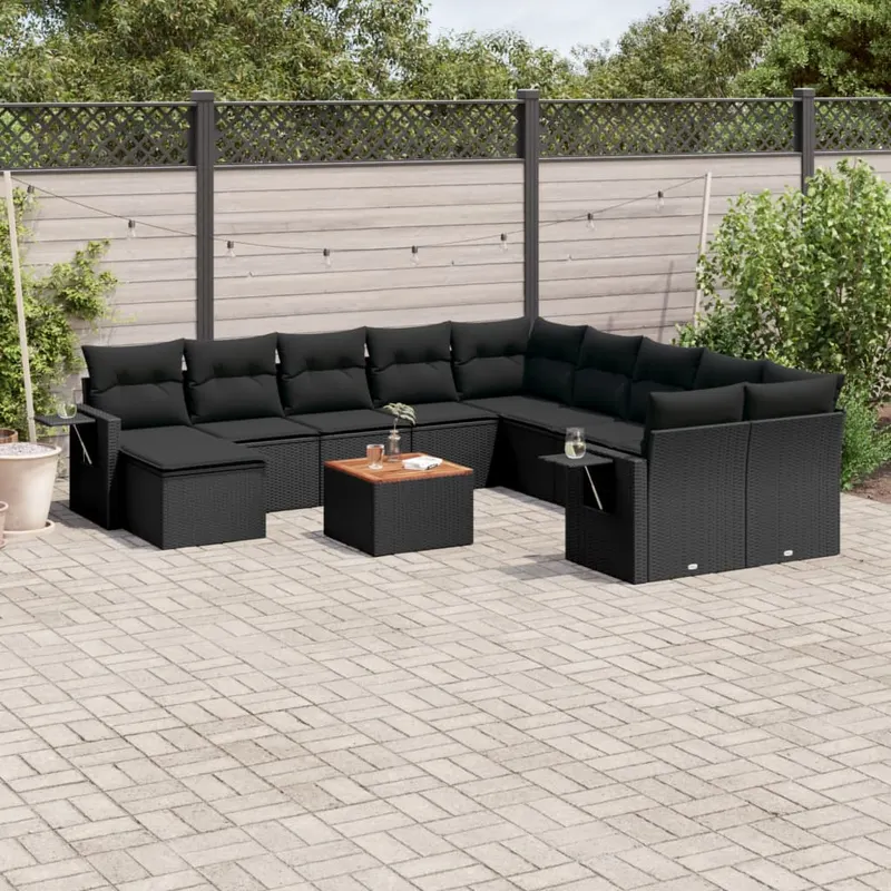 Set canapele de gradina, 12 piese, cu perne, negru, poliratan