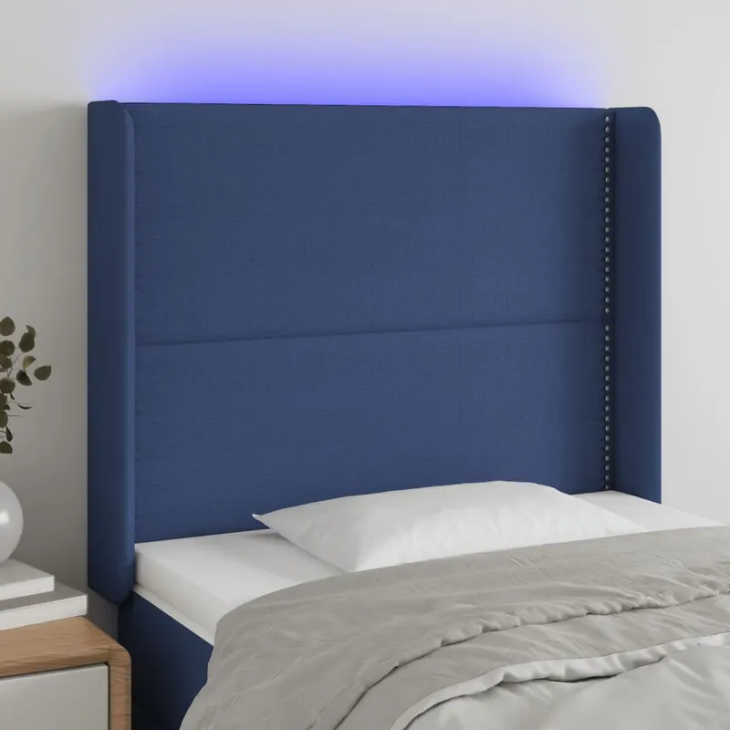 tablie de pat cu led, albastru, 103x16x118/128 cm, textil