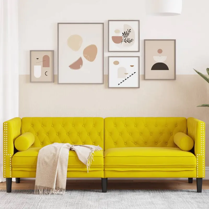 canapea chesterfield cu pernute/3 locuri, galben, catifea