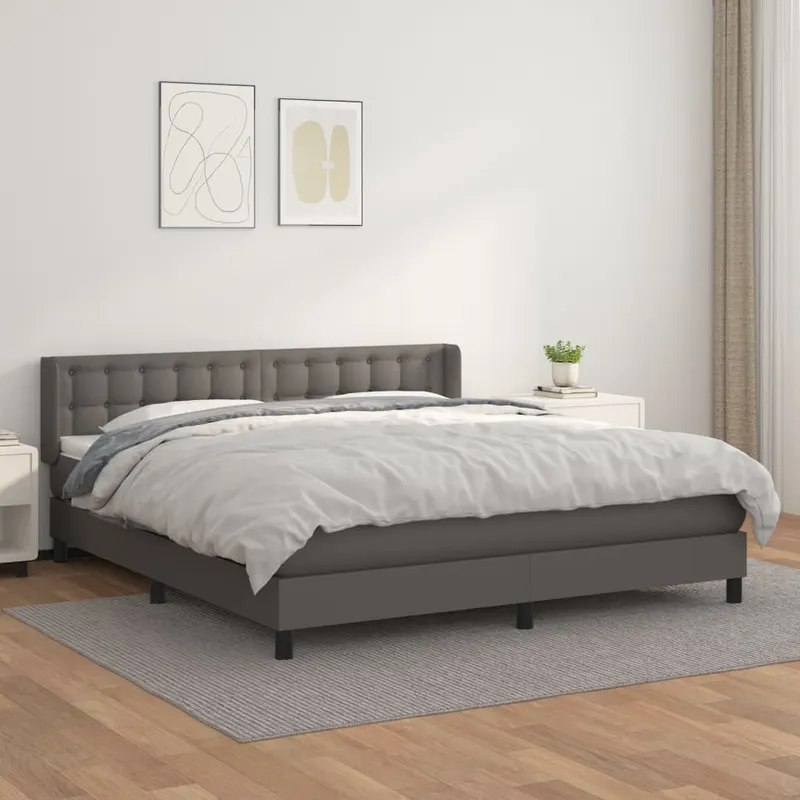 pat box spring cu saltea, gri, 180x200 cm, piele ecologica