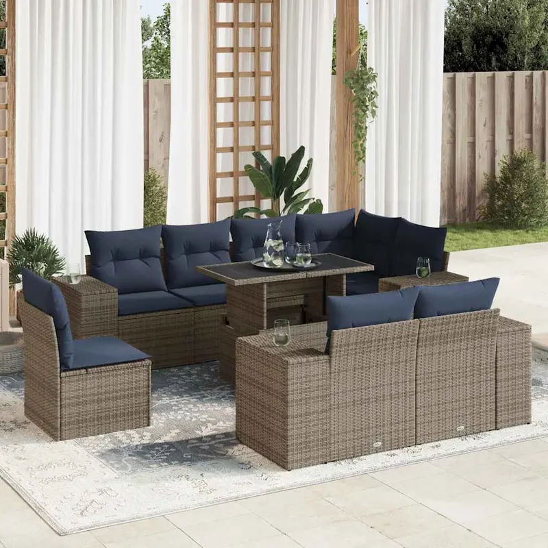 set mobilier gradina cu perne 16piese gri poliratan/lemn acacia