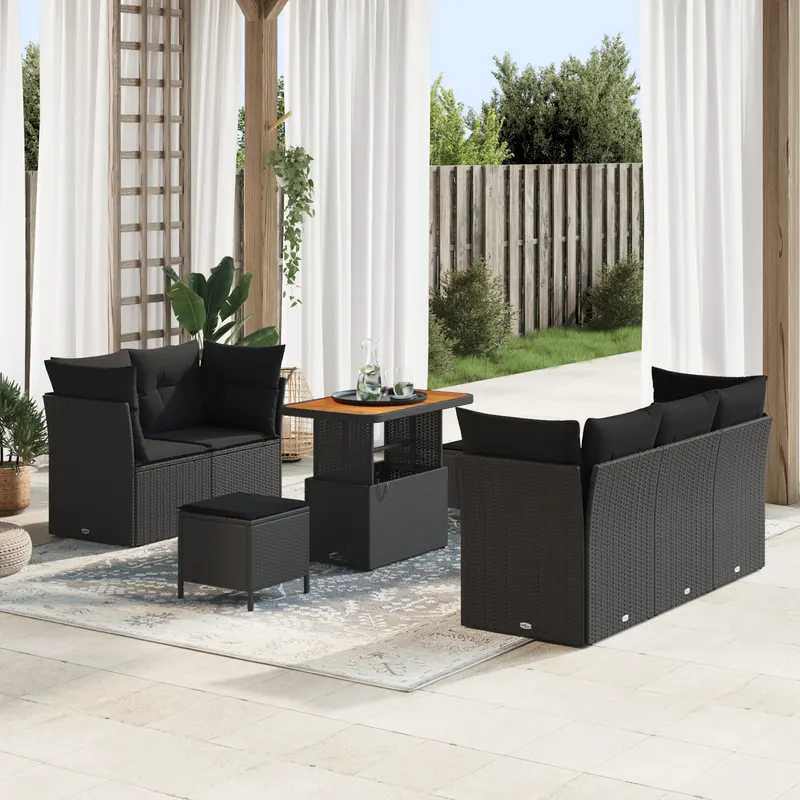 Set de canapea gradina cu perne negru ratan poli acacia, set de dining gradina cu perne negru ratan poli acacia