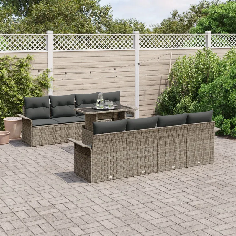 set canapea gradina 9 piese cu perne gri din poli ratan