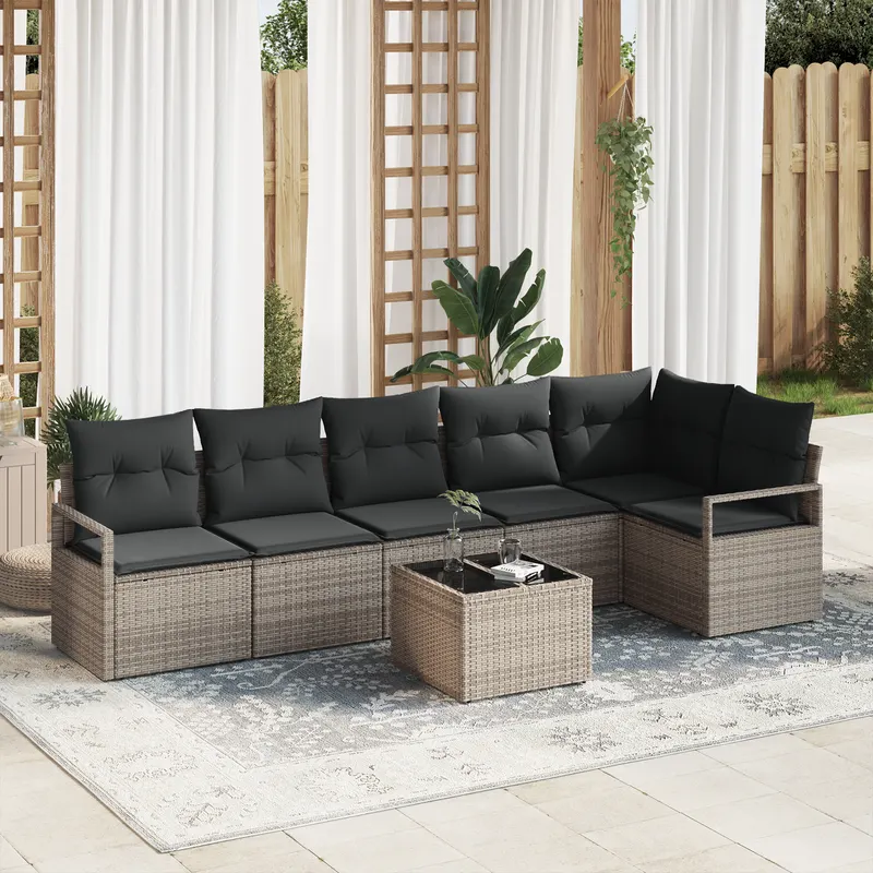 Set canapea gradina cu 6 piese si perne negre rattan pe, canapea gradina cu 2 locuri si spatiu stocare si perne gri rattan pe