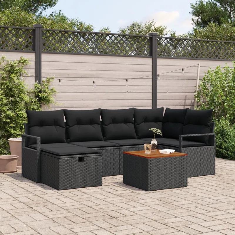 Set canapea gradina cu 7 piese si perne din poliratan negru, canapea gradina cu 2 locuri cu stocare & perne din poliratan negru