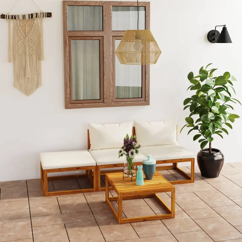 set mobilier gradina cu perne, 4 piese, crem, lemn masiv acacia
