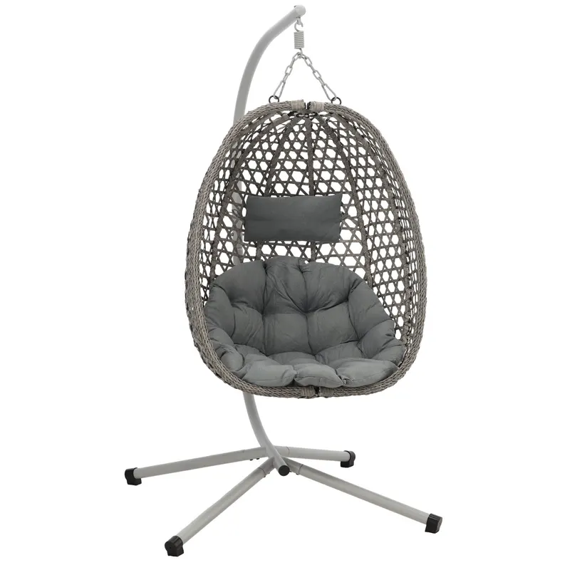 Leagan tip cuib suspendat perna cadru metalic cos ratan pe, 103x95x185 cm, maxim 150 kg, gri