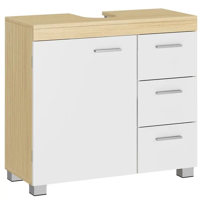Dulap lavoar baie cu 3 sertare si 2 compartimente, MDF, 30x70x64 cm, alb si bej