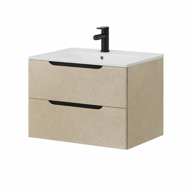 Mobilier lavoar pe blat Fluminia Malta, finisaj rugos, 80cm, 2 sertare soft close, almond