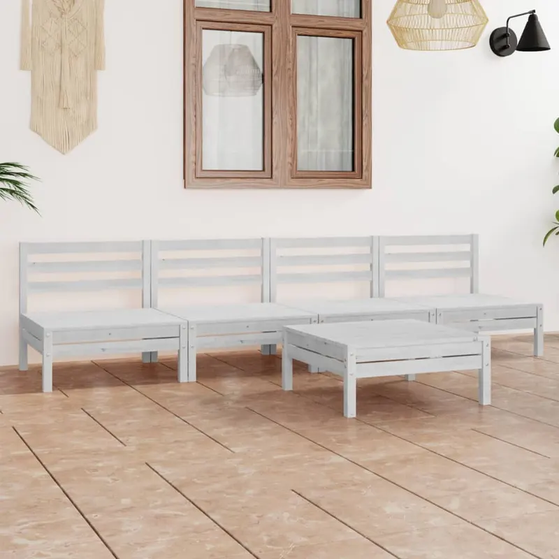 set mobilier de gradina, 5 piese, alb, lemn masiv de pin
