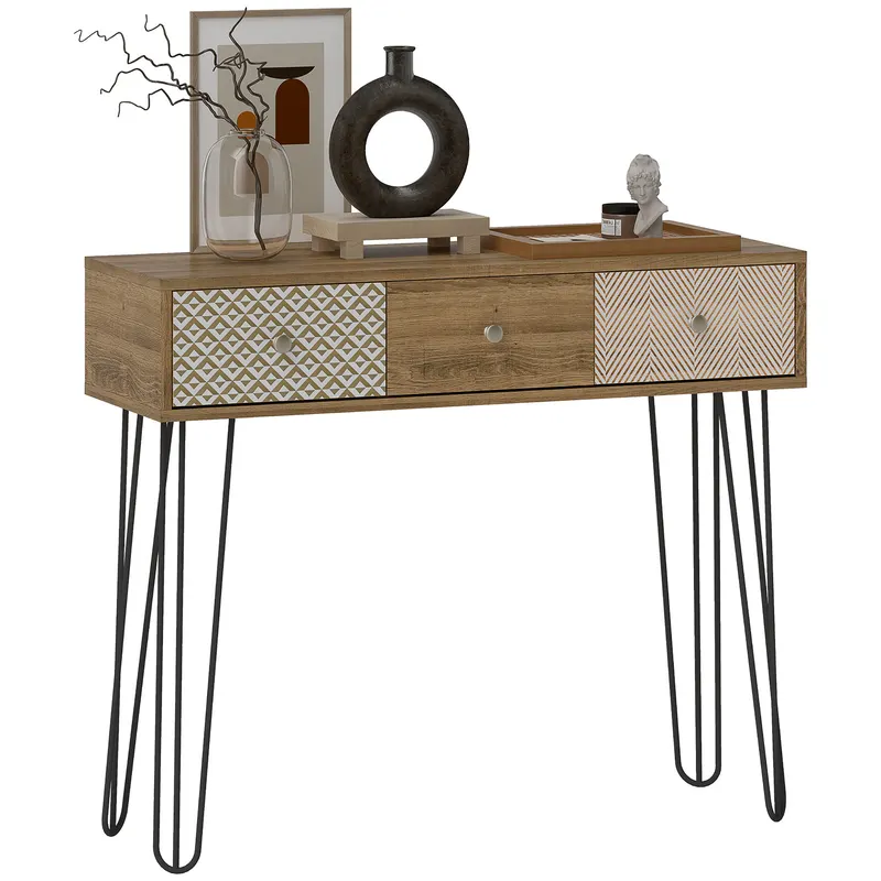 HOMCOM Masă console cu 3 sertare, masă de intrare îngustă cu picioare în formă de ac de păr din oțel, 90 x 30 x 75 cm, maro