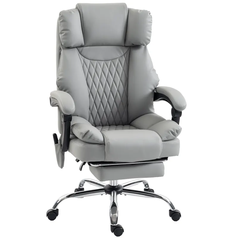 HOMCOM Fotoliu de birou cu masaj vibrant și încălzire, Scaun de birou ergonomic din PU, spătar înclinabil, tetieră, Gri