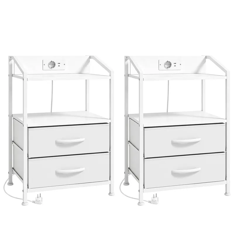 HOMCOM Set de 2 Noptiere Con Lumini Led E Stație de Încărcare, Alb