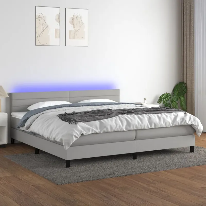 pat cu arcuri, saltea si led, gri deschis, 200x200 cm, textil