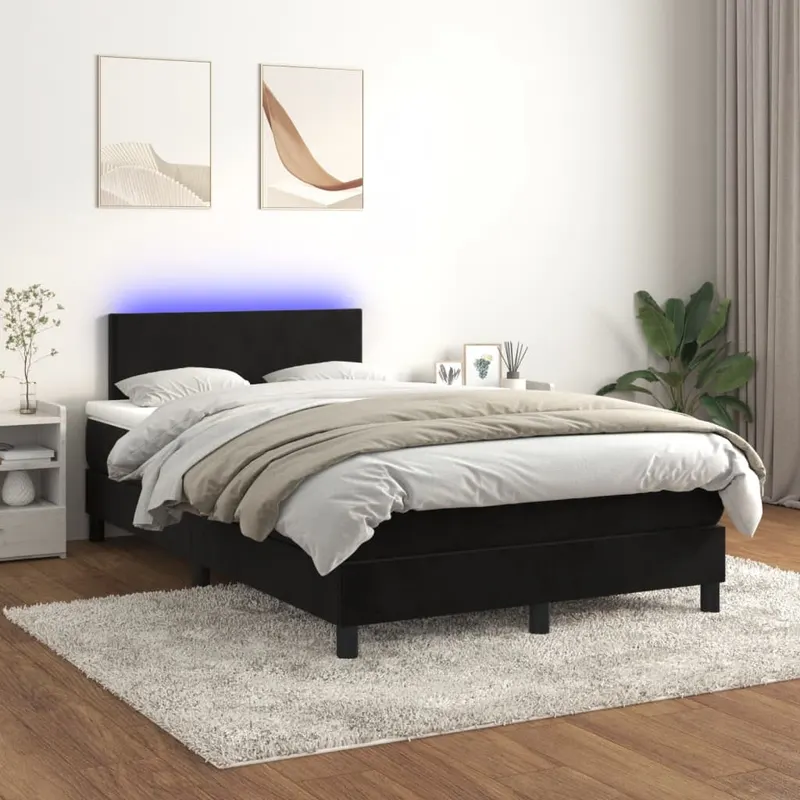 pat cu arcuri, saltea si led, negru, 120x200 cm, catifea