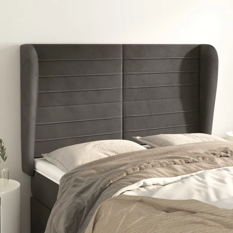 tablie de pat cu aripioare gri inchis 147x23x118/128 cm catifea