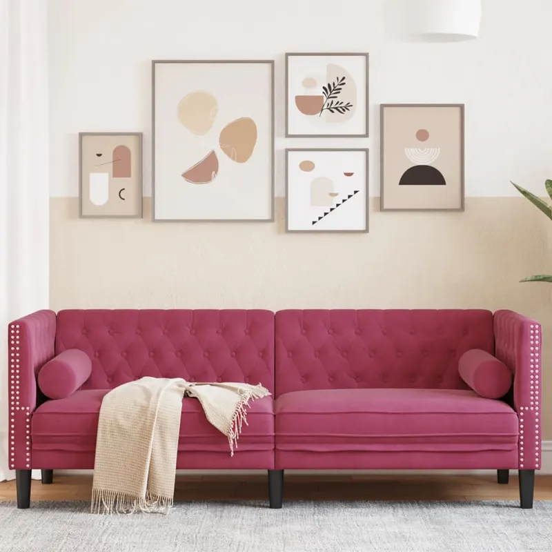 canapea chesterfield cu pernute/3 locuri, rosu vin, catifea