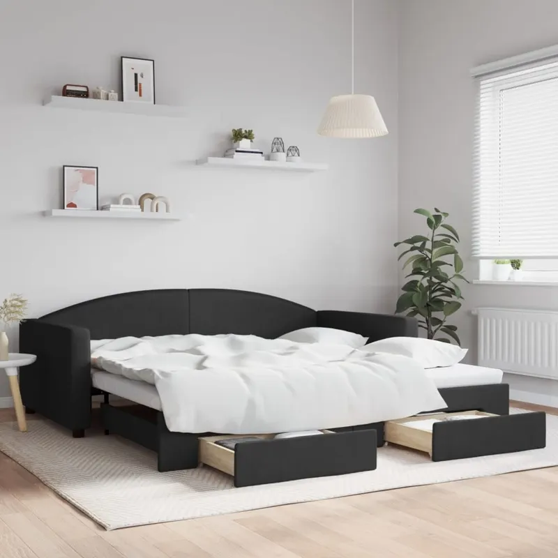 pat de zi cu extensie si sertare, negru, 100x200 cm, textil