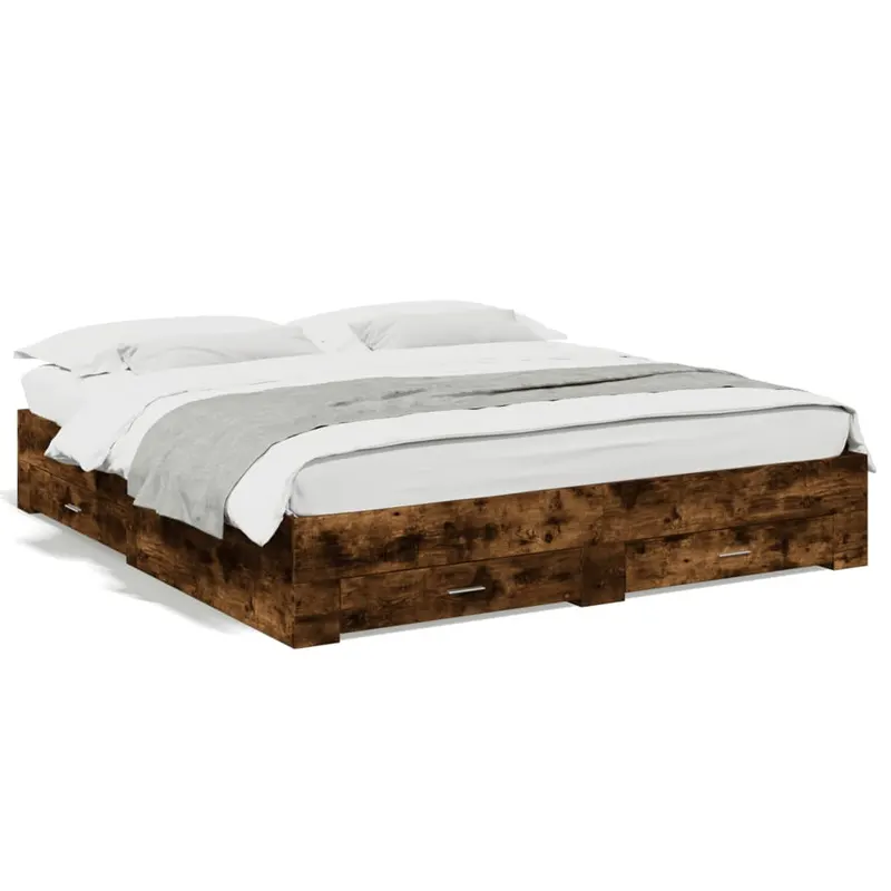cadru de pat cu sertare stejar fumuriu 200x200cm lemn prelucrat