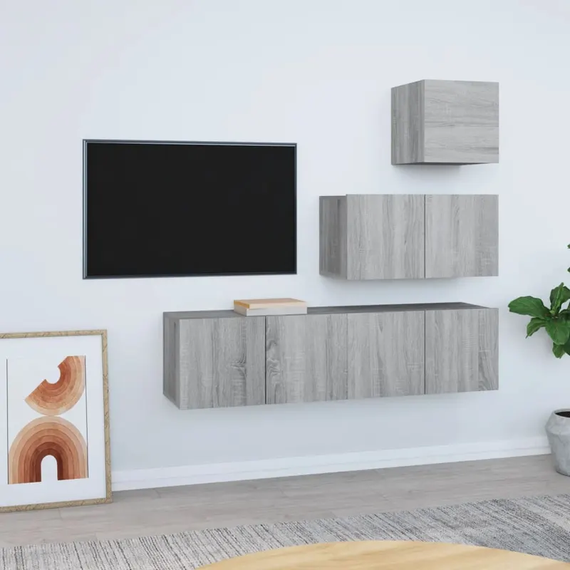 set dulapuri tv, 4 piese, gri sonoma, lemn prelucrat