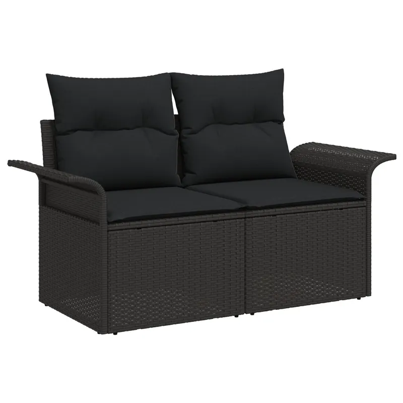 set canapea gradina 11 piese cu perne ratan polimerizat negru, canapea gradina 2 locuri cu depozitare si perne ratan polimerizat negru