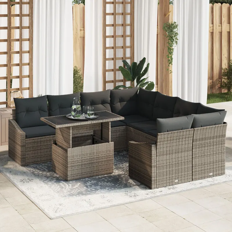 set de canapele de gradina de 9 piese cu perne gri din ratan poli