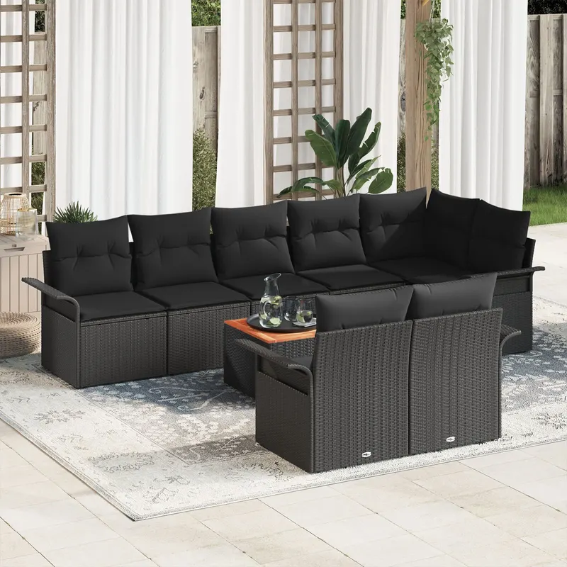 set canapea gradina 9 piese cu perne negru poliratan acacia