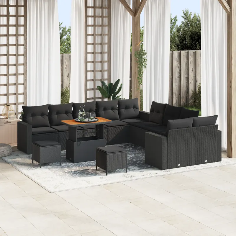 Set de canapele pentru gradina cu perne negre, set de dining pentru gradina cu 3 piese si perne negre