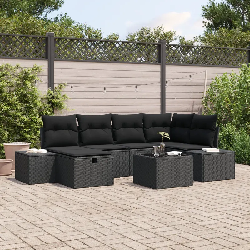 set de canapea 7 piese cu pernite negru poliratan